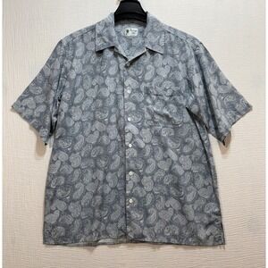 Vintage Silk  Button-Up Shirt Men's L Gray Paisley Short Sleeve  Silk Boho